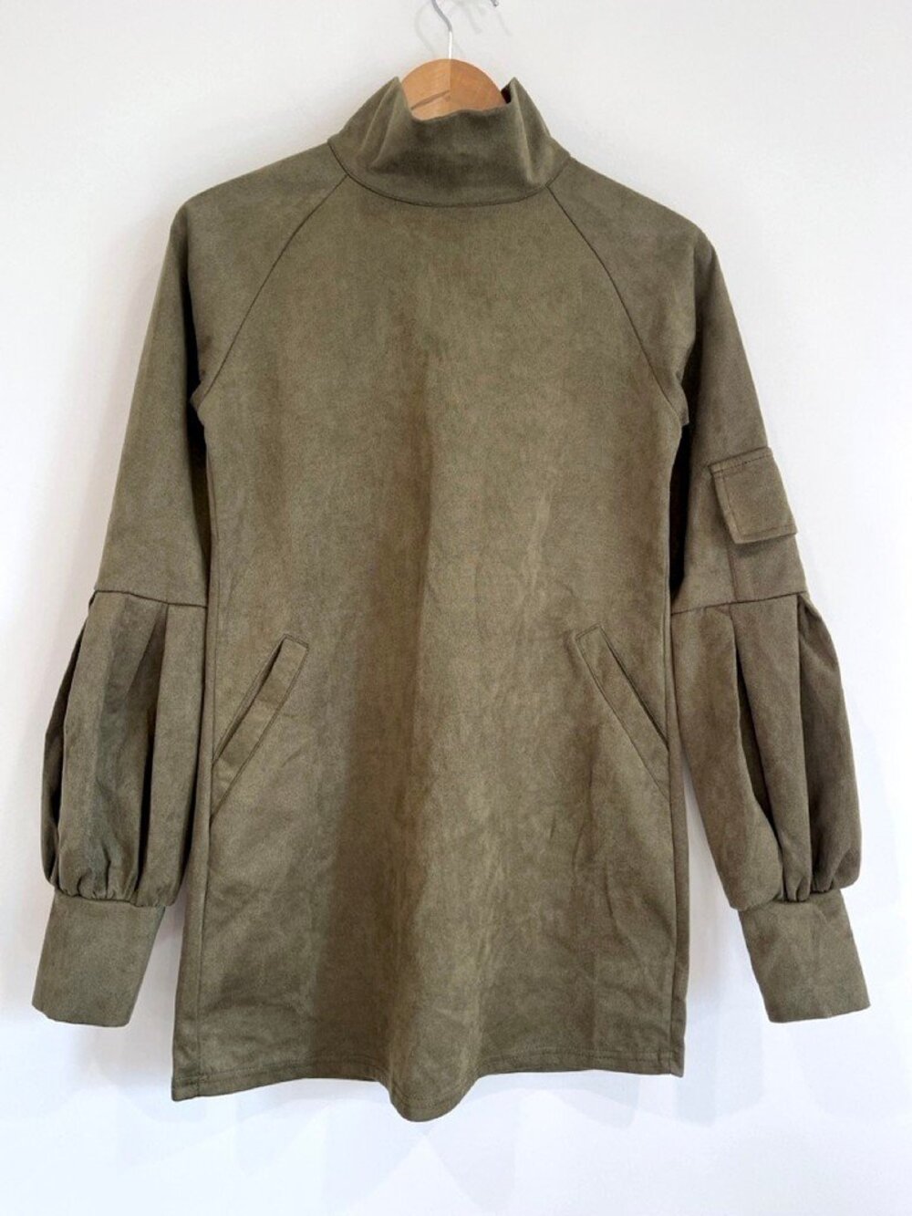 Unbranded Olive Faux Suede Balloon Sleeve Mini Dress XS Utility